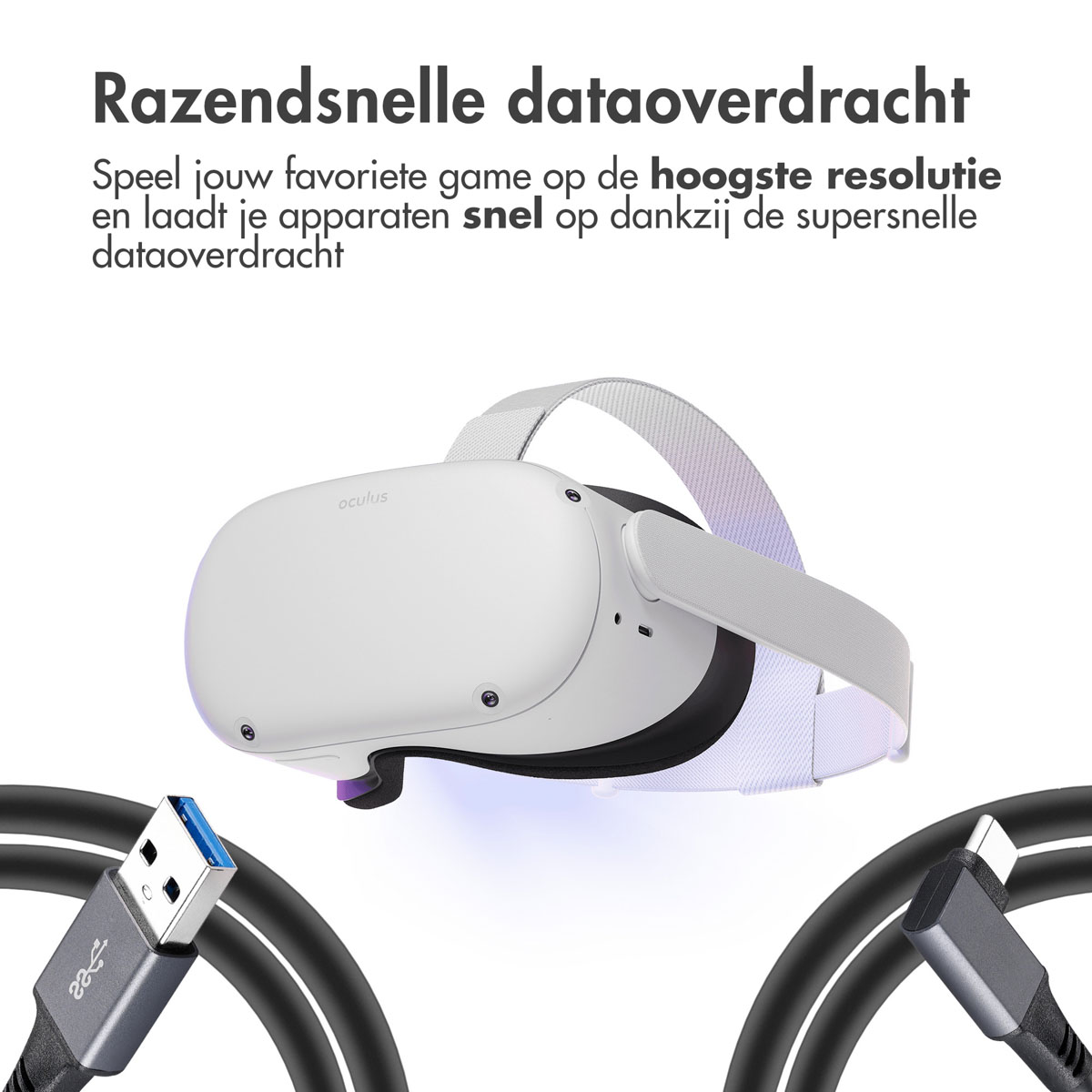 VR headset with USB-C and USB cables. 
