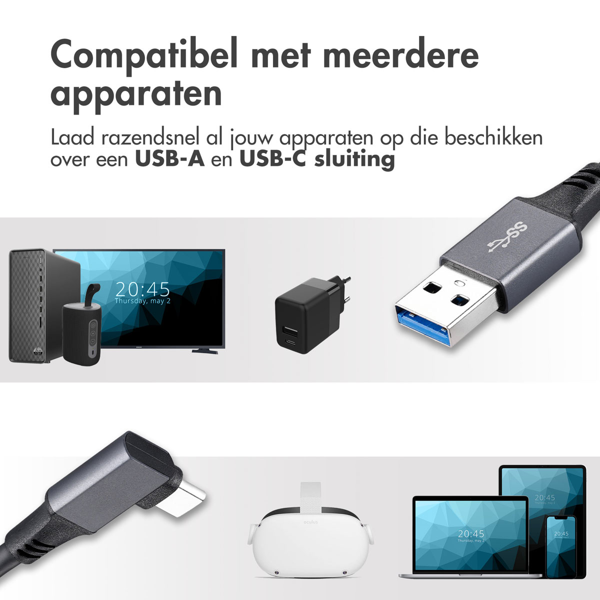 Various electronic devices connected with cables. A computer, a tablet, and a VR headset are displayed.