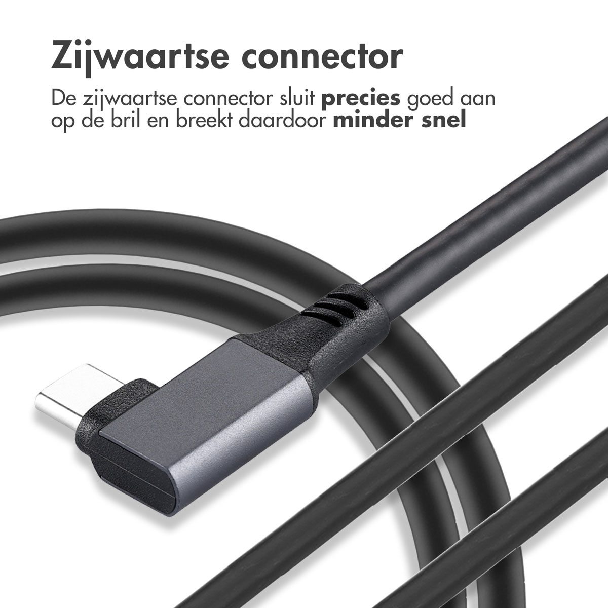Black USB-C connector angled, connected to a black cable. Text on the image.