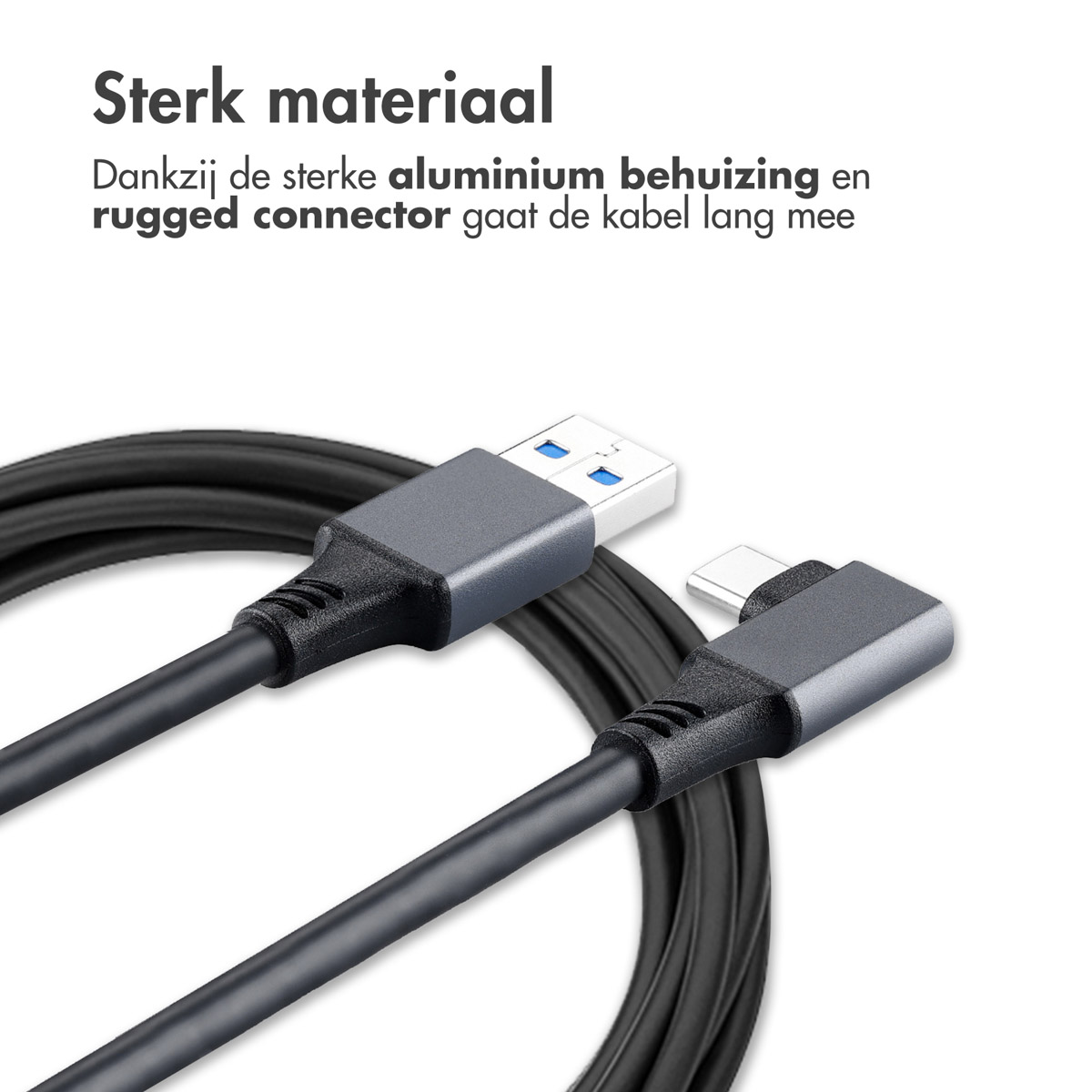 Two black USB cables. Text: 'Strong material'.