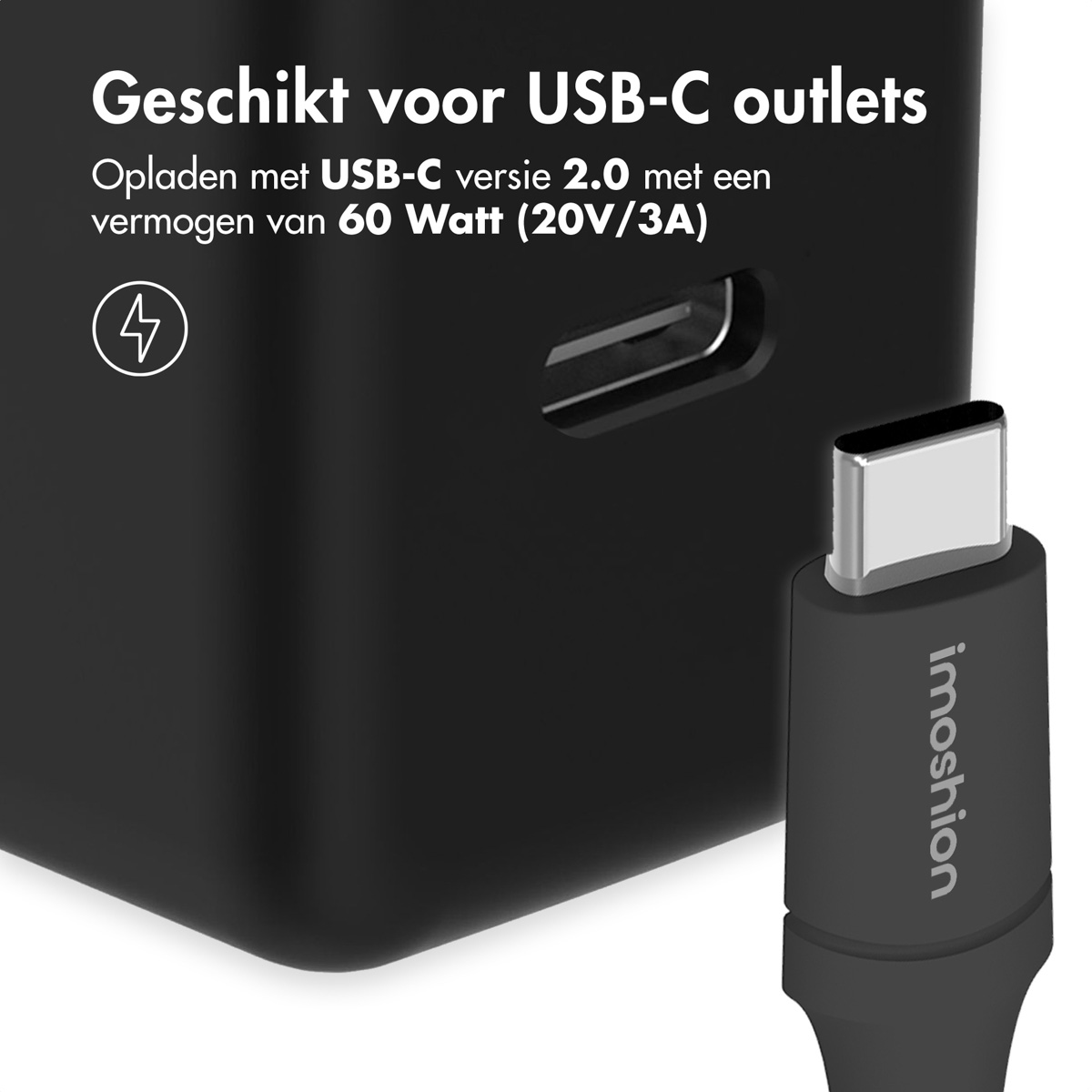 Schwarzes Ladegerät mit USB-C-Kabel. Text: Geeignet für USB-C-Anschlüsse.