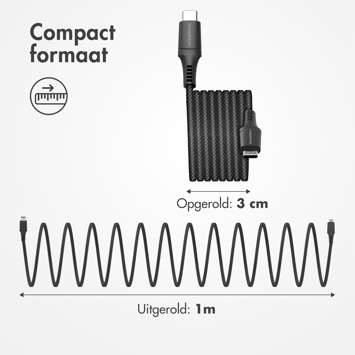 Schwarzes USB-C-Kabel, aufgerollt und abgerollt. Die entrollte Länge beträgt 1 Meter, die aufgerollte 3 cm.