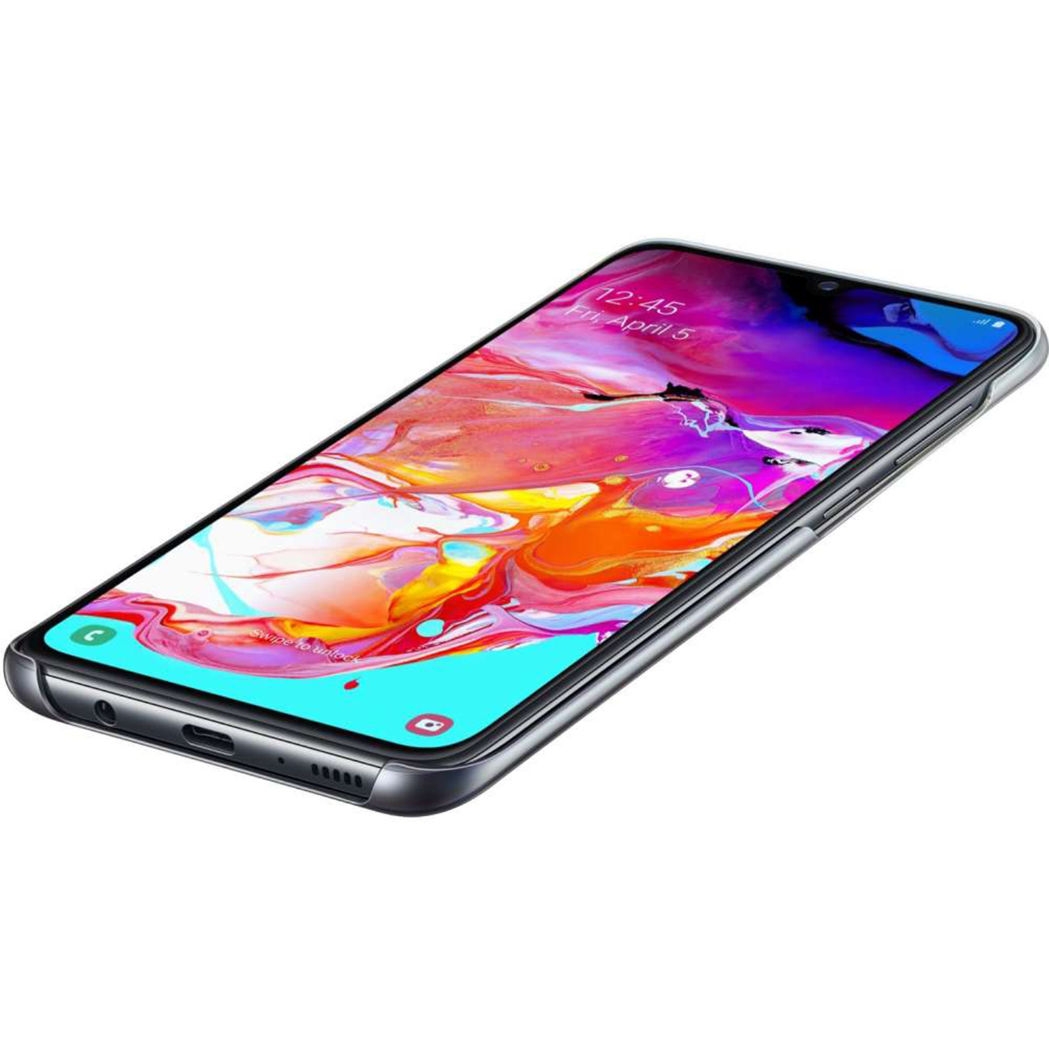 Uno smartphone con custodia, che mostra lo schermo con immagini colorate.