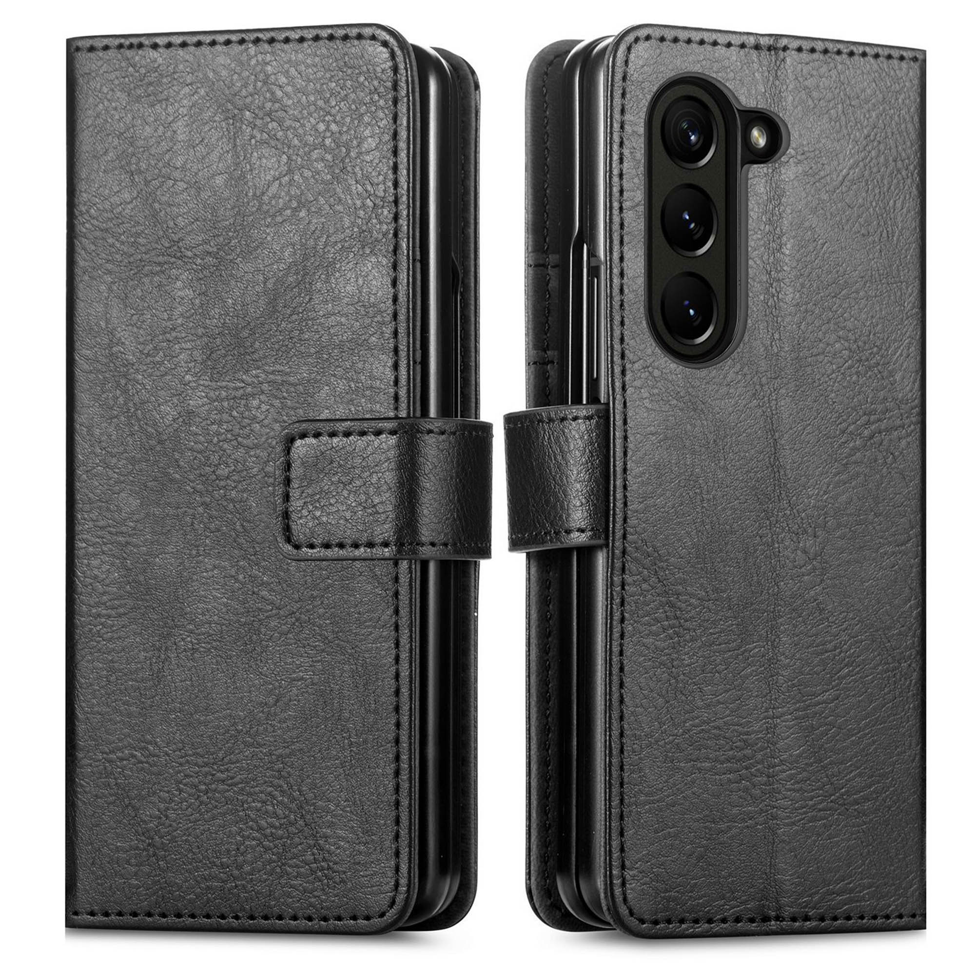 Étui portefeuille noir pour téléphone, fermé et ouvert, montrant un téléphone.