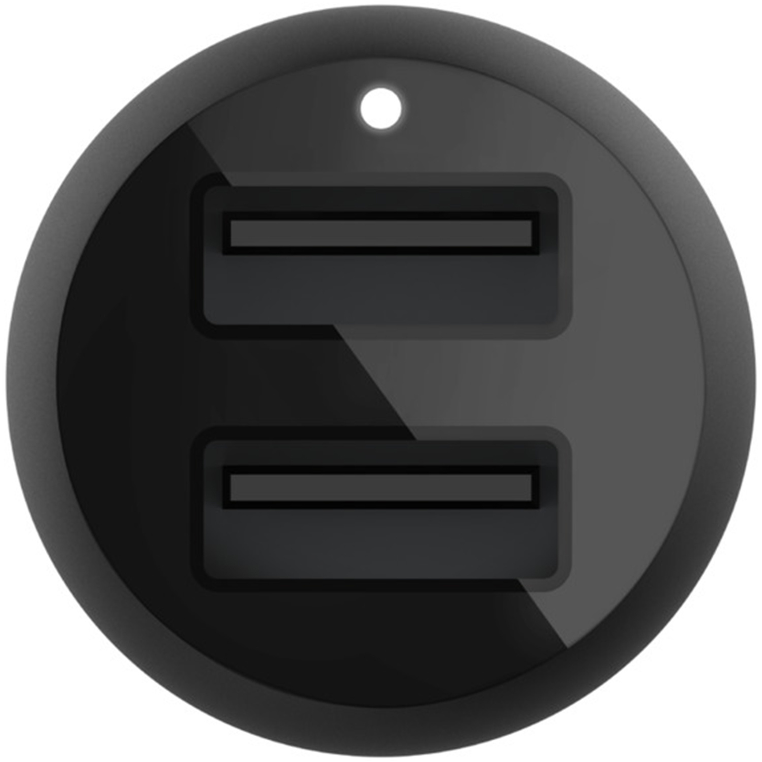 Zwarte dubbele USB-autolader met een gat aan de bovenkant. De lader is cirkelvormig.