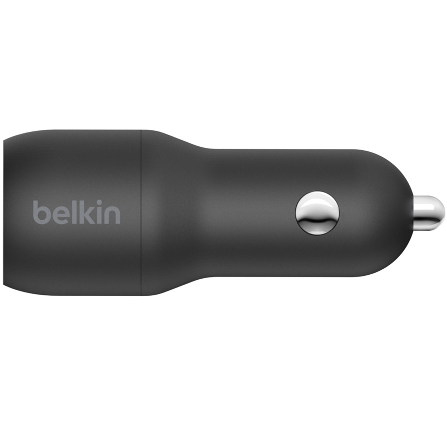 Een zwarte autolader met het Belkin-logo. Het is een klein, cilindervormig apparaat.