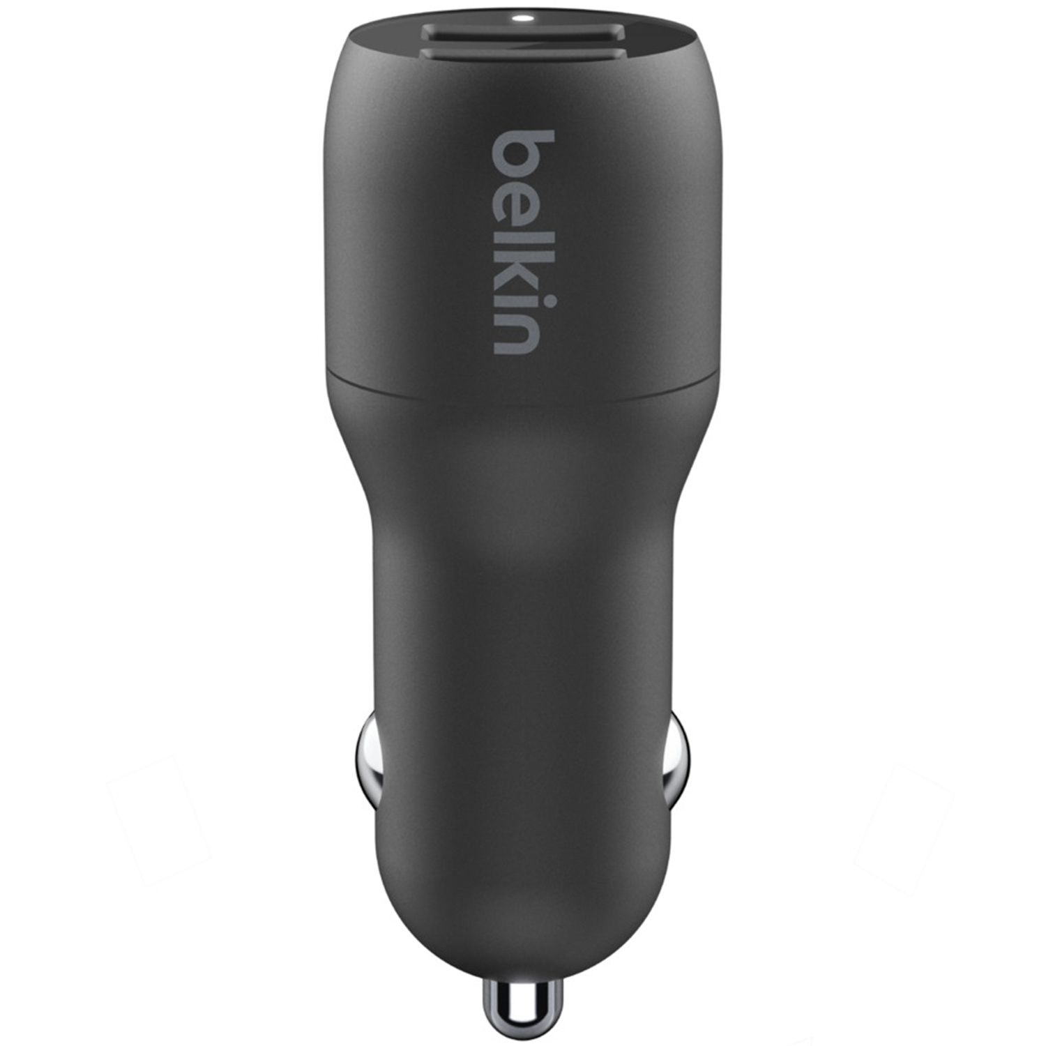 Zwarte autolader met Belkin logo.