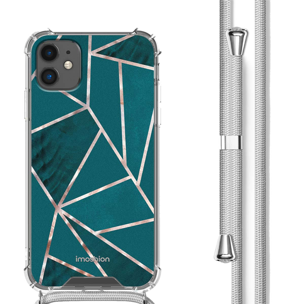 Coque de téléphone sarcelle avec des lignes or rose et un téléphone à l'intérieur, avec une lanière.
