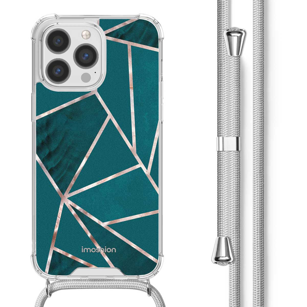 Coque de téléphone bleu sarcelle avec lignes géométriques or rose, étui transparent et lanière argentée.