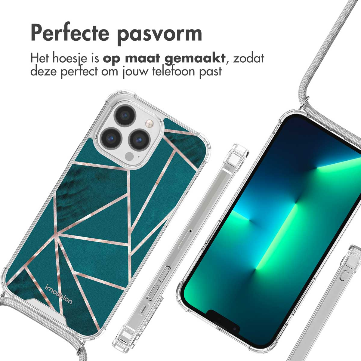 Coque de téléphone avec motif turquoise et or, et une lanière assortie. Le téléphone a un écran.
