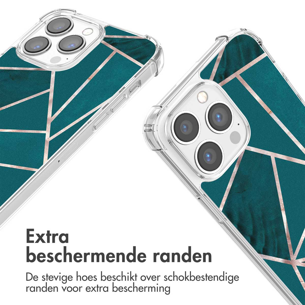 Coque de téléphone à motifs sarcelle et or. La coque présente un motif géométrique. Les bords sont transparents.