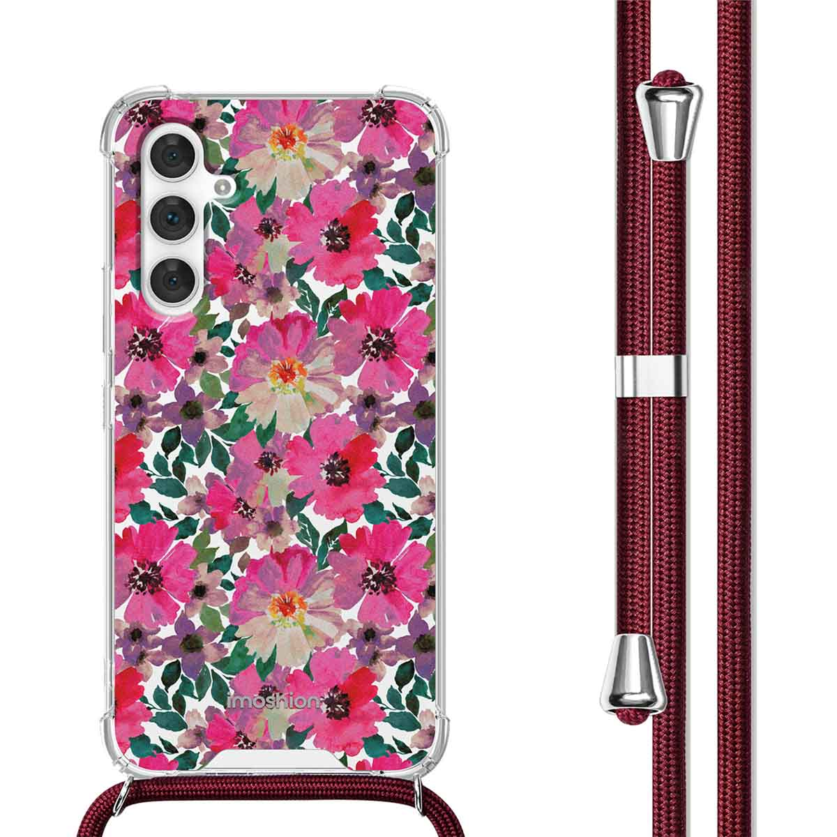 Telefoonhoesje met roze bloemmotief en een bordeauxrode lanyard. De hoes is zichtbaar.