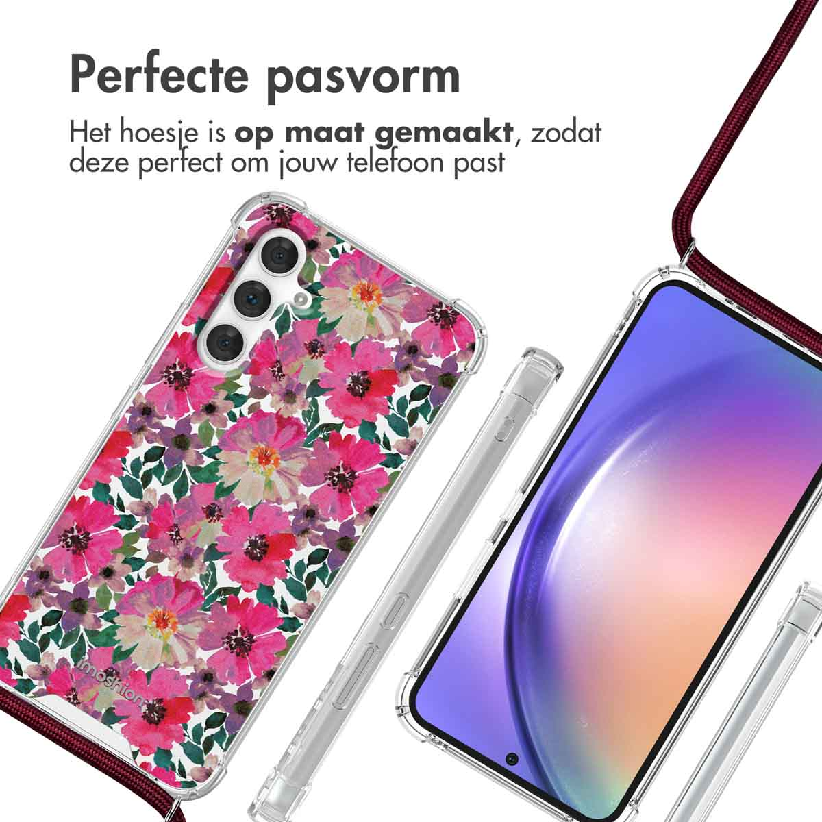 Telefoon in hoesje met roze bloemen. De hoes is transparant, met de telefoon erin. Een bordeauxrode riem.
