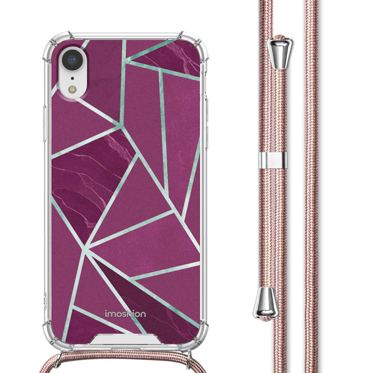 Coque de téléphone violette avec lignes géométriques argentées, étui transparent et lanière or rose.