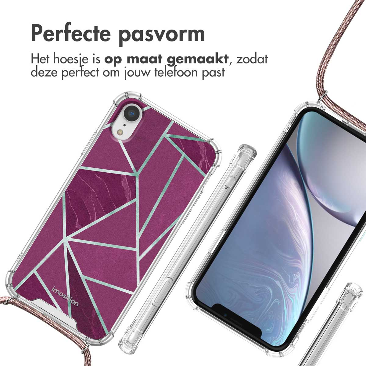 Téléphone dans un étui avec un design géométrique et un cordon. Le téléphone est à droite.