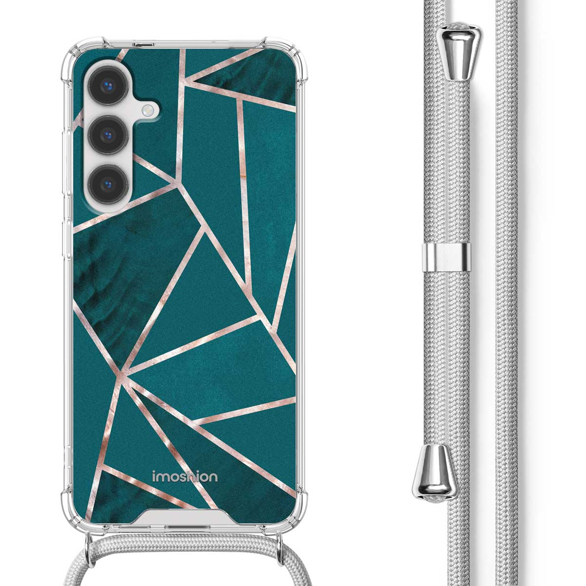 Coque de téléphone sarcelle avec des lignes or rose et un téléphone à l'intérieur, avec une lanière.