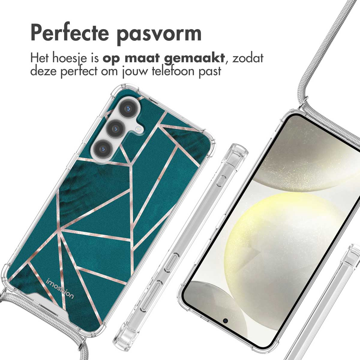Deux téléphones avec des coques. Motif géométrique turquoise et doré. Coque transparente. Fond blanc.