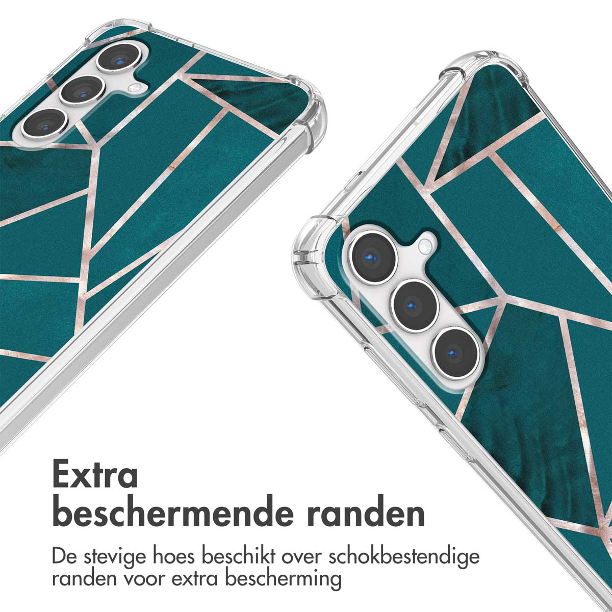 Coque de téléphone avec un design vert et or. Texte : 'Bords de protection supplémentaires'.