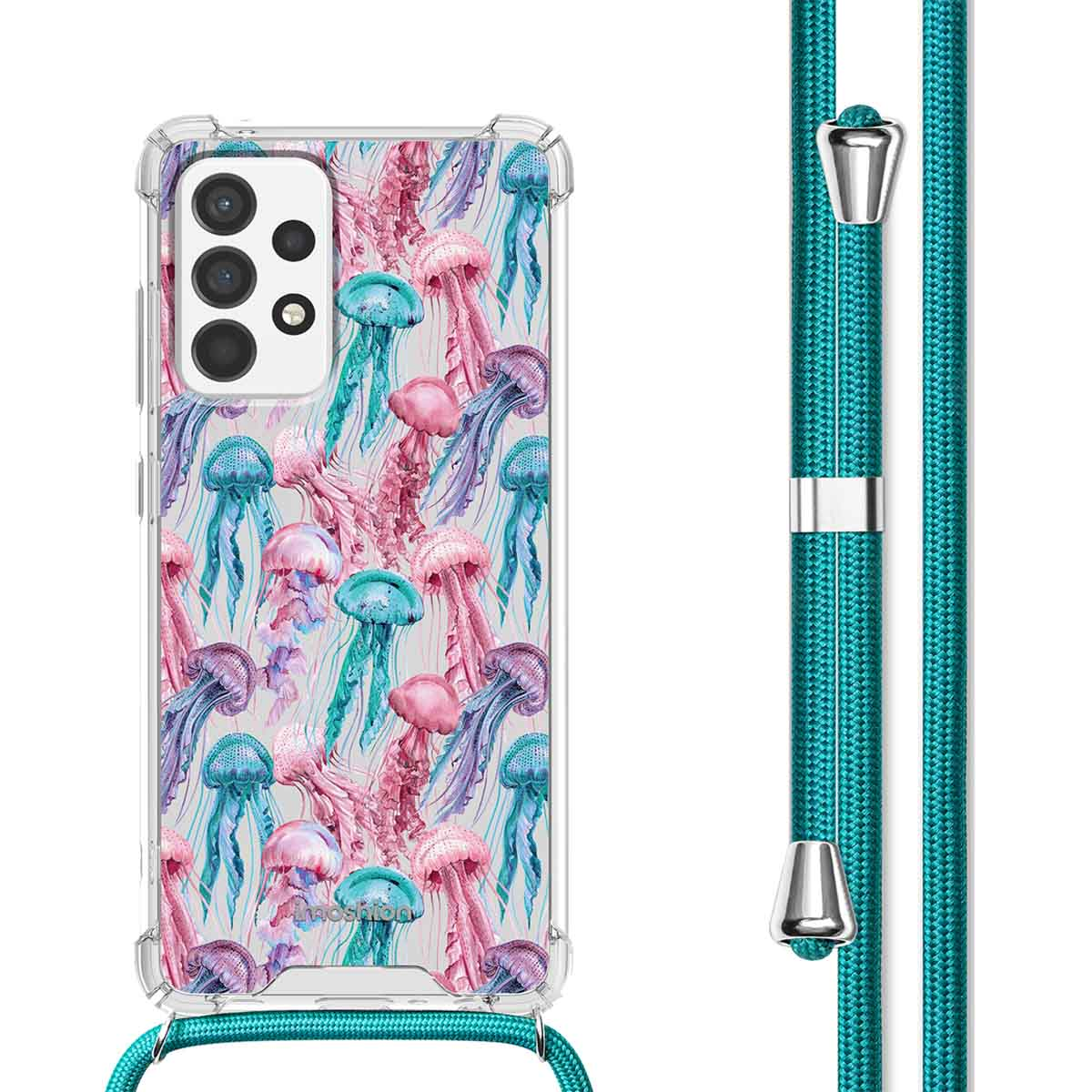 Coque de téléphone avec un motif de méduses et un cordon bleu. La coque a une bordure transparente.
