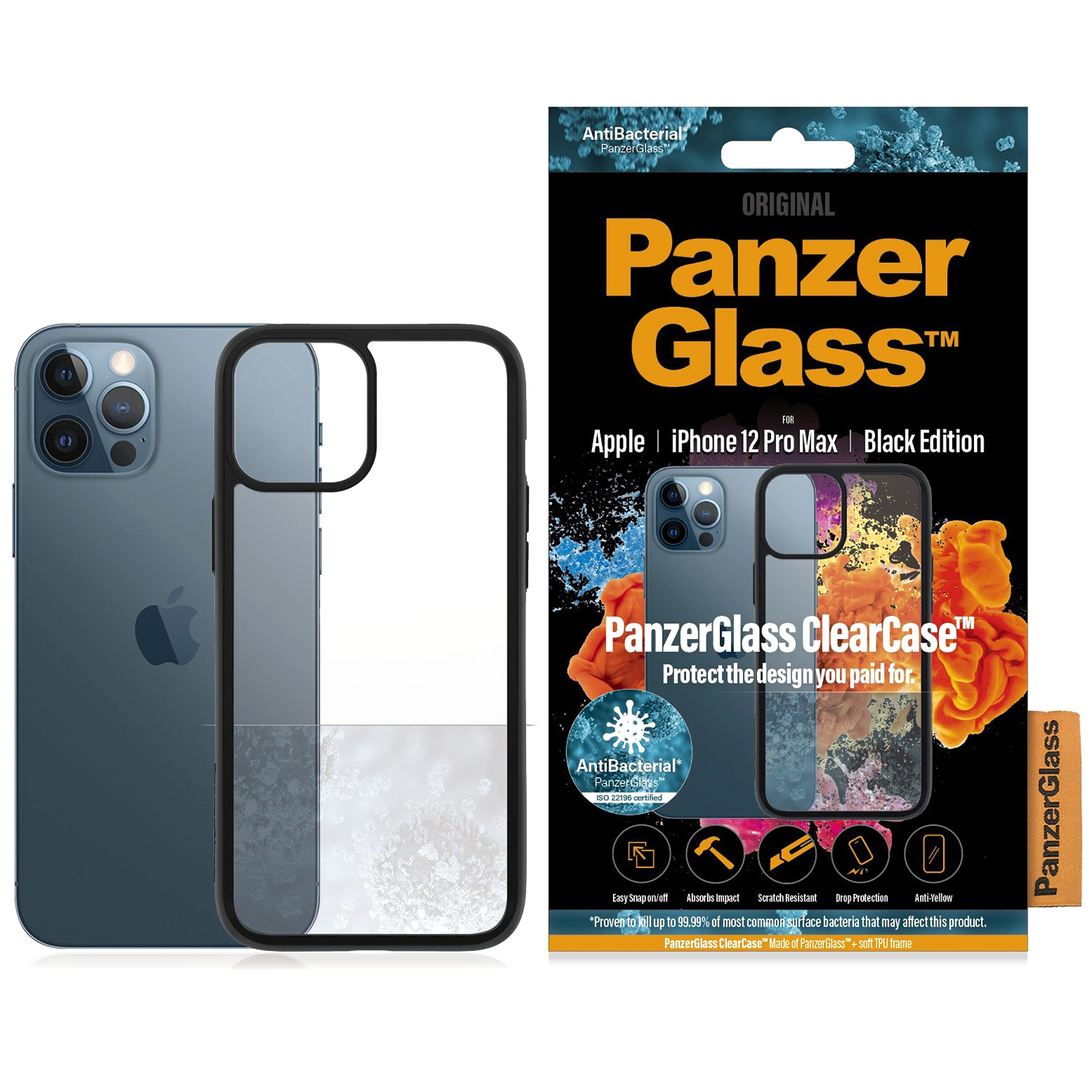 Doos met telefoonhoesje en iPhone 12 Pro Max, tekst: PanzerGlass ClearCase.