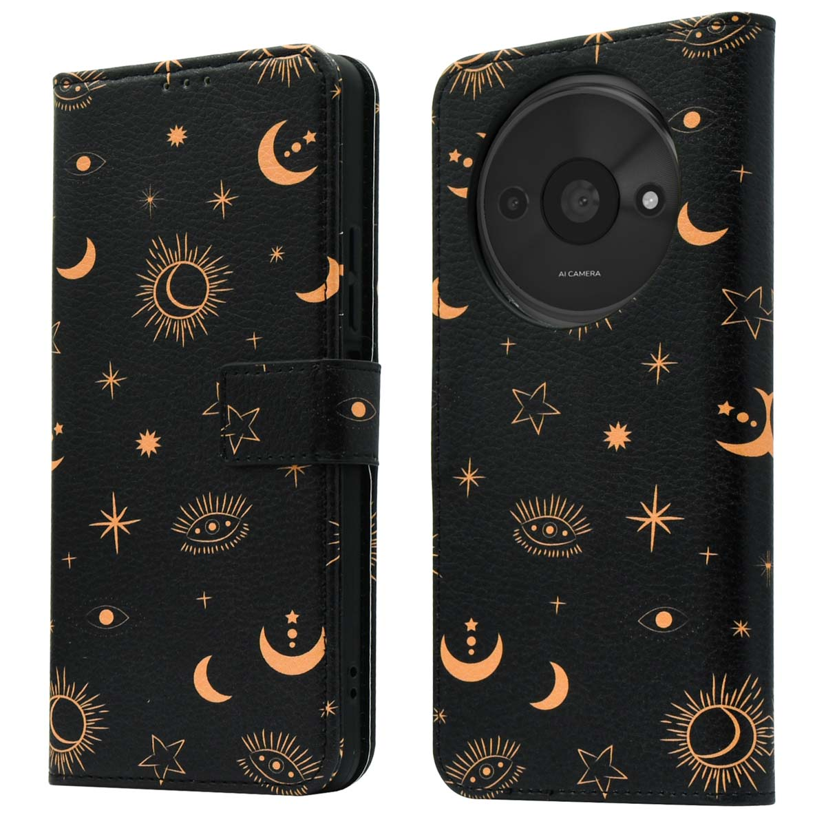 Zwarte telefoonhoes met gouden hemelse ontwerpen, waaronder manen, sterren en zonnen.