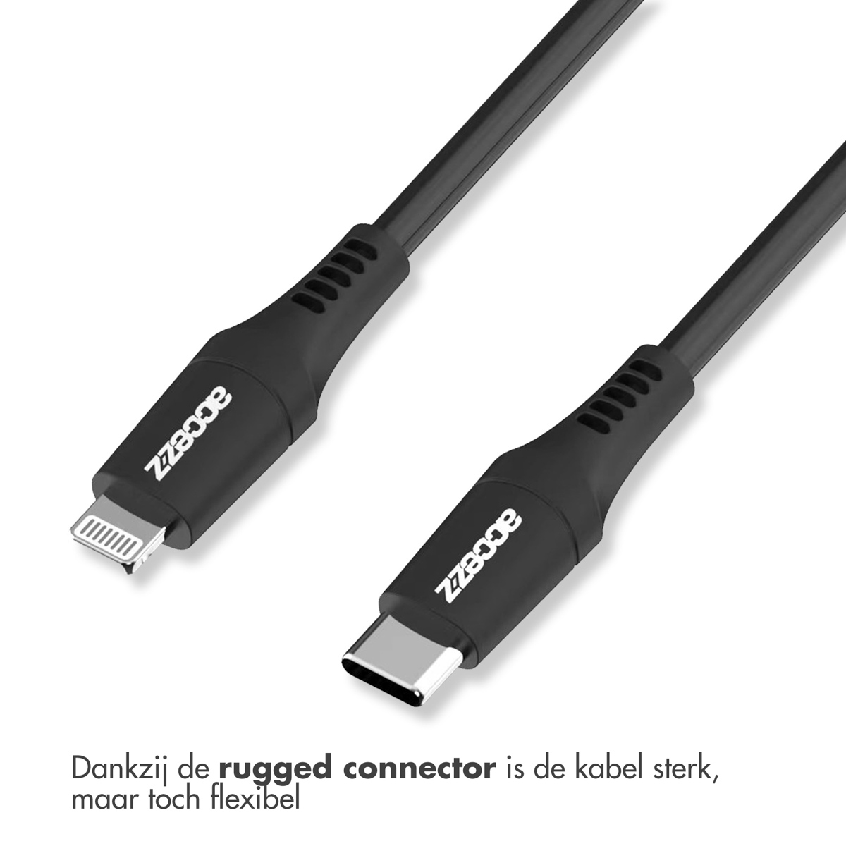Câbles noirs avec connecteurs Lightning et USB-C. Les connecteurs ont des logos blancs.