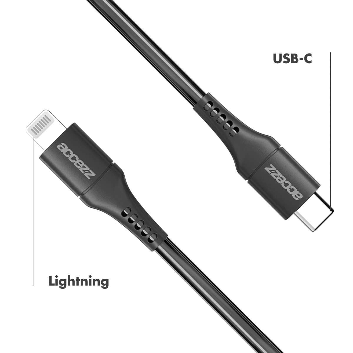 Câble de charge noir avec connecteurs USB-C et Lightning. Le câble est noir. Étiquettes USB-C et Lightning.