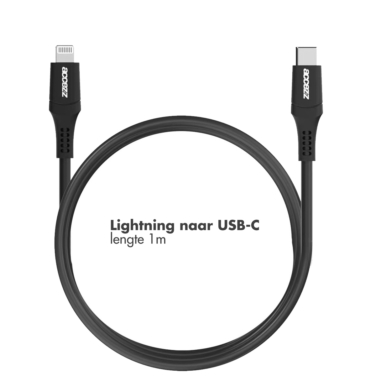 Câble noir Lightning vers USB-C. Texte : Lightning vers USB-C, 1m.
