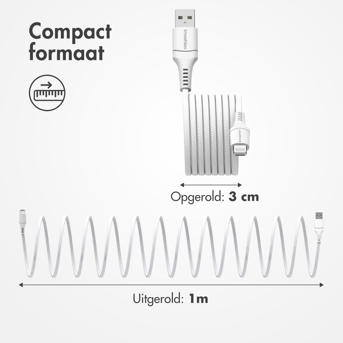 Câble USB vers Lightning blanc. Texte : Format compact, enroulé 3cm, 1m sorti.