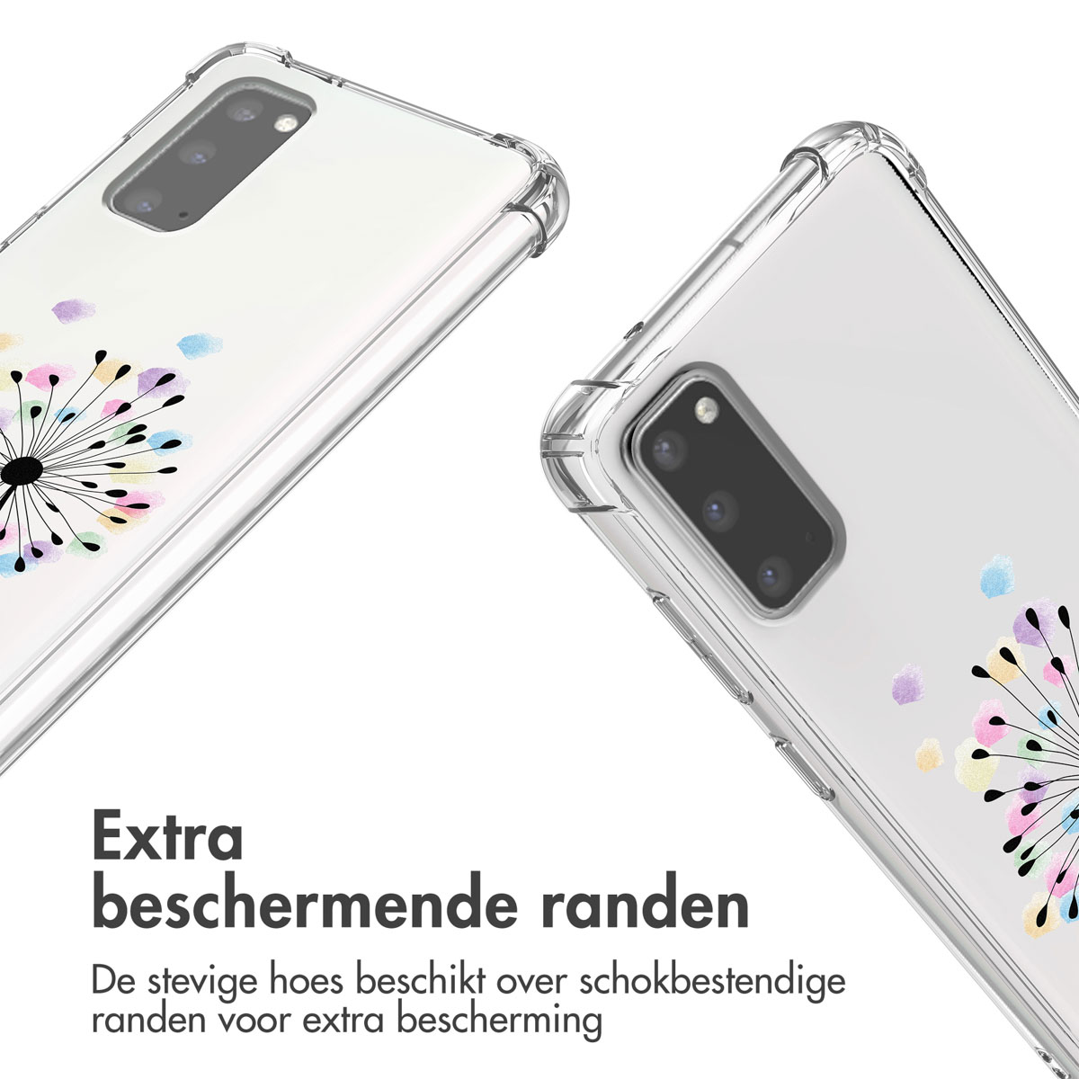 Deux coques de téléphone. Blanc avec motif floral coloré. Coque transparente. Fond blanc.