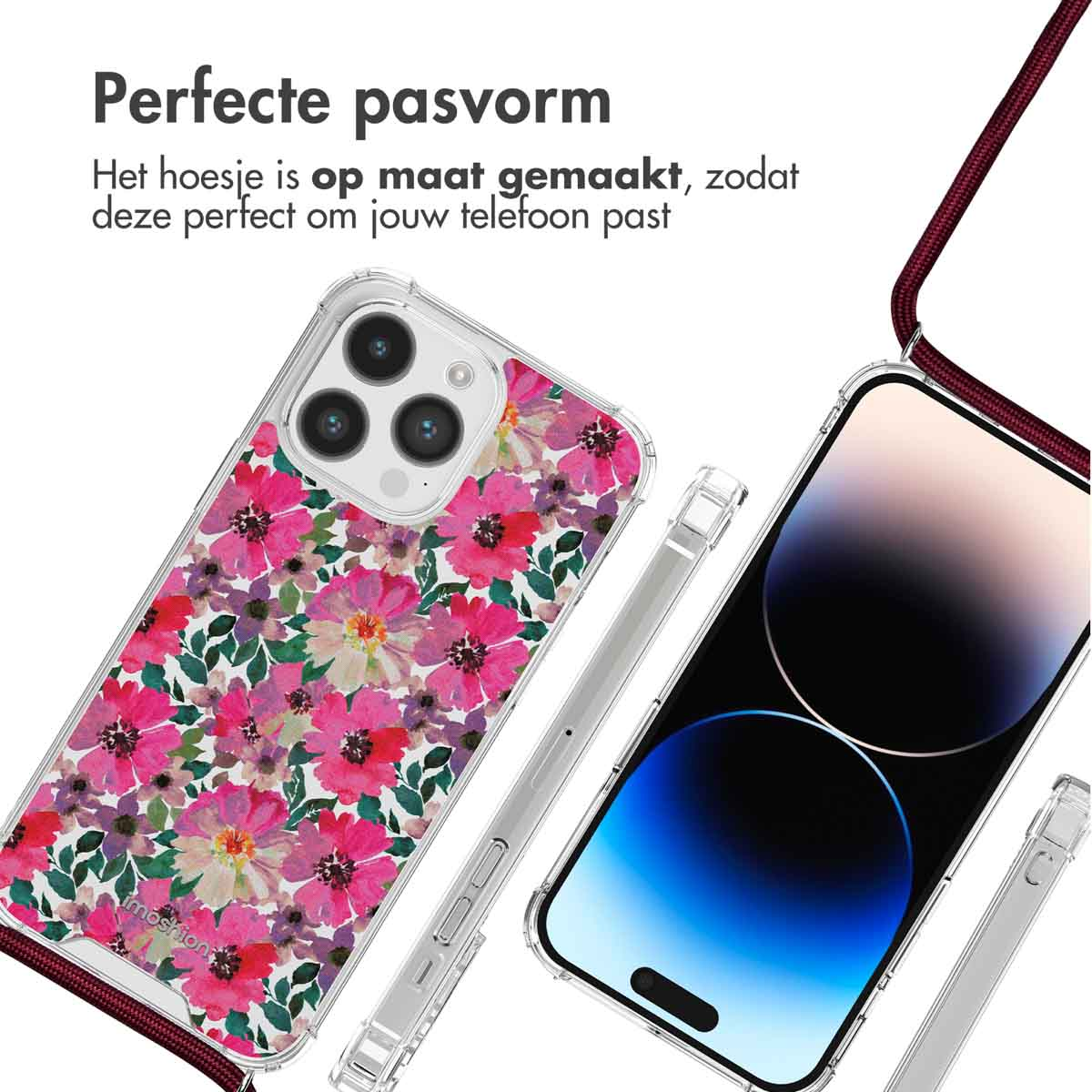 Telefoonhoesje met roze bloemenpatroon en een bijpassende bordeauxrode riem. Telefoon zichtbaar.
