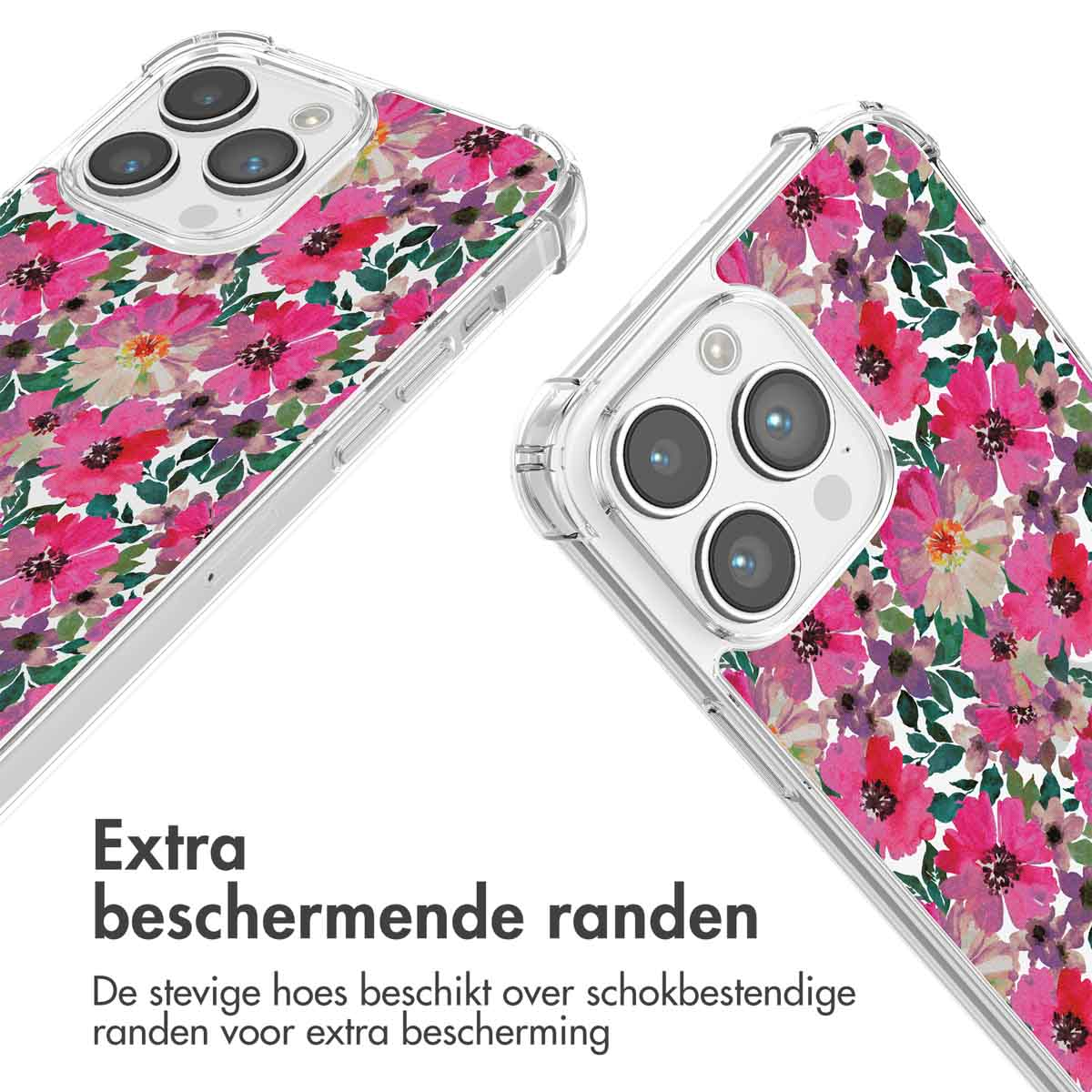 Telefoonhoesjes met bloemenpatronen. Transparante beschermranden. Roze en witte bloemen.