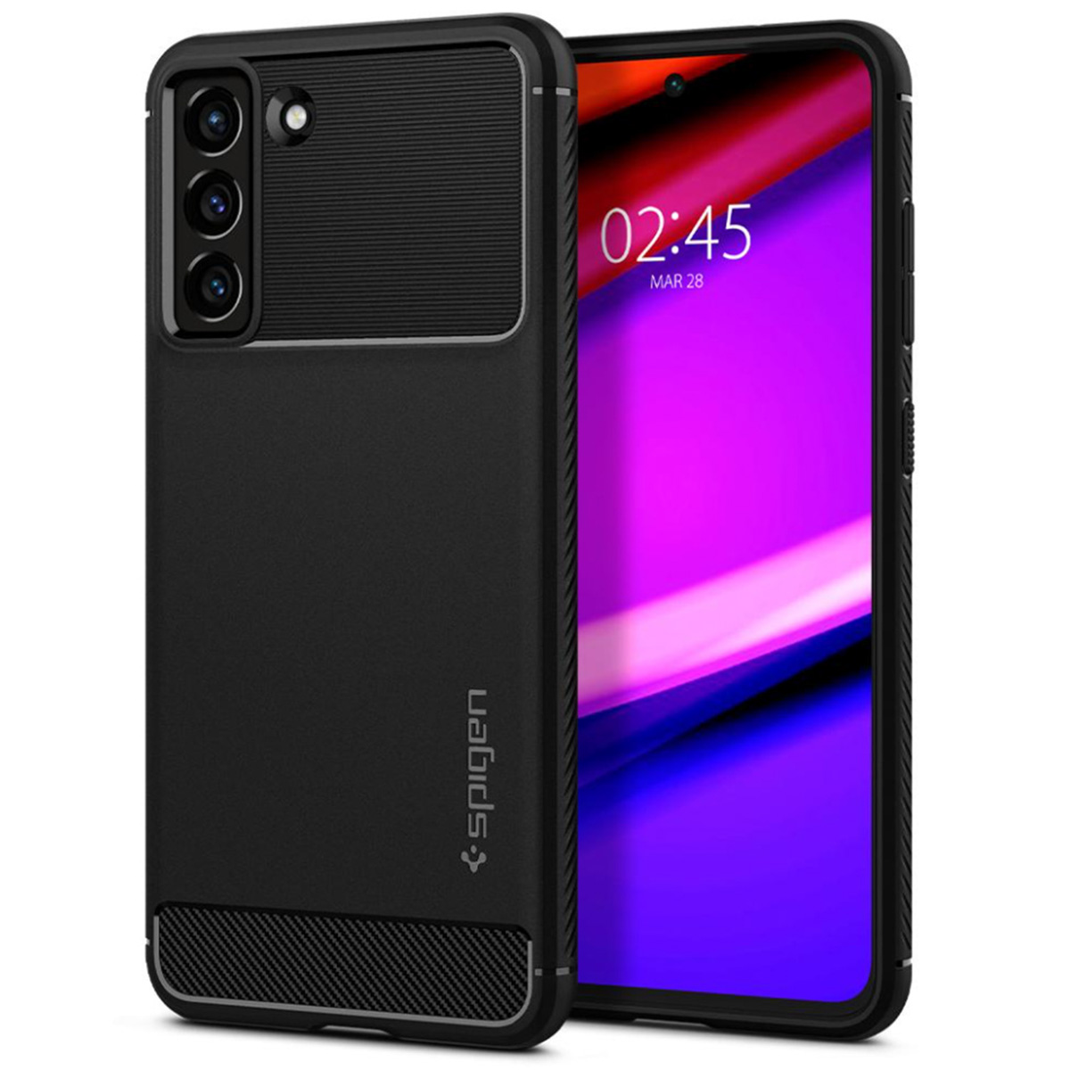 Een zwarte telefooncase staat naast een telefoon met een kleurrijke paarse wallpaper met de tijd 02:45.