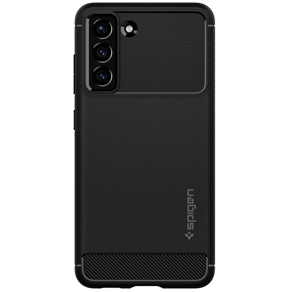 Een zwarte telefooncase op een witte achtergrond, met een gestructureerd ontwerp en het Spigen-logo.