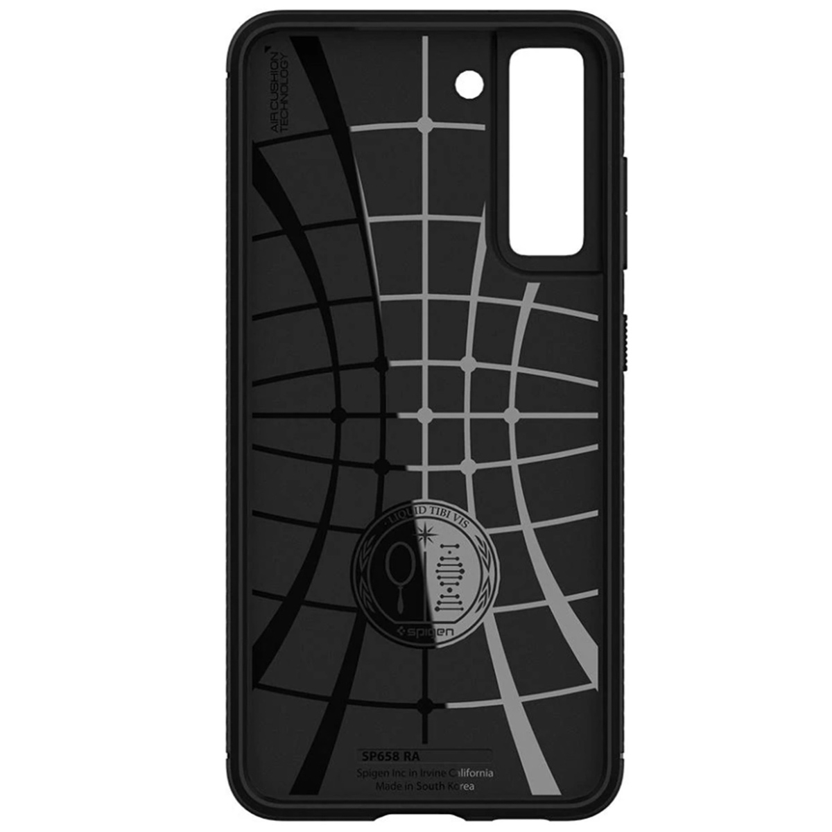Een zwarte telefooncase met een rasterpatroon aan de binnenkant die de luchtkussentechnologie laat zien op een witte achtergrond.