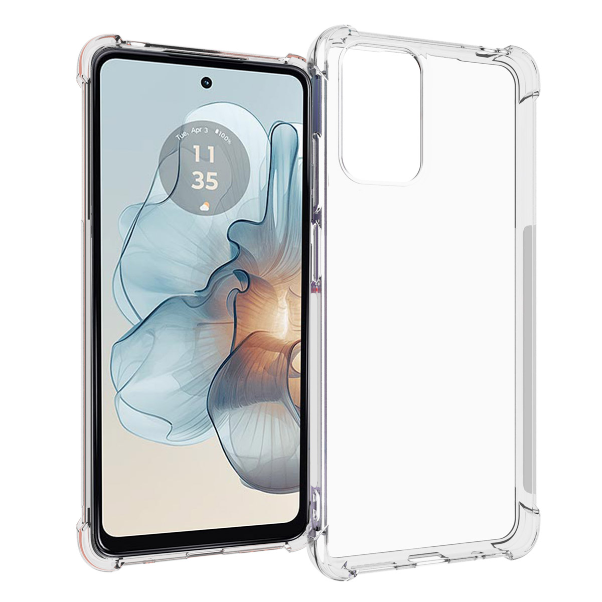 Un téléphone avec l'écran allumé, à l'intérieur d'une coque de protection transparente.