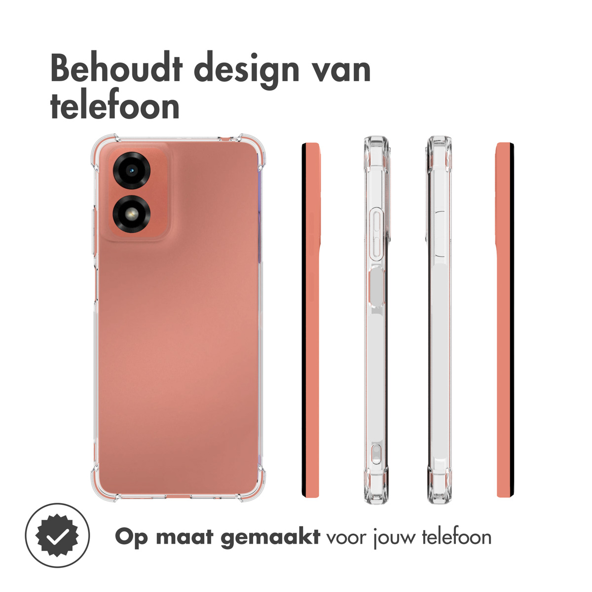 Coque de téléphone avec un design clair. Trois côtés de la coque sont visibles, montrant le téléphone à l'intérieur.