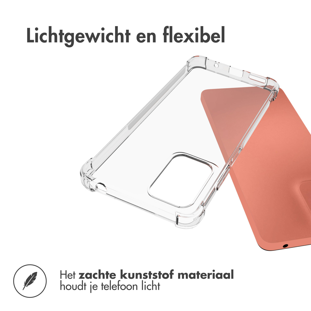 Coque de téléphone transparente et téléphone couleur corail. La coque est vide. Le téléphone est partiellement visible.