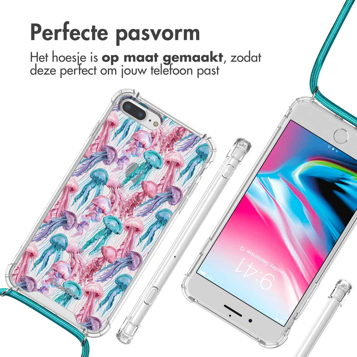 Deux téléphones avec des coques. Coque de téléphone avec motif de méduses. Coque transparente. Fond blanc.