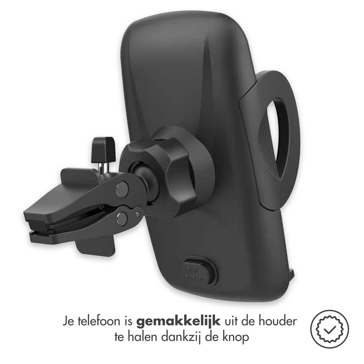 Black car phone holder with text: easy to remove the phone.