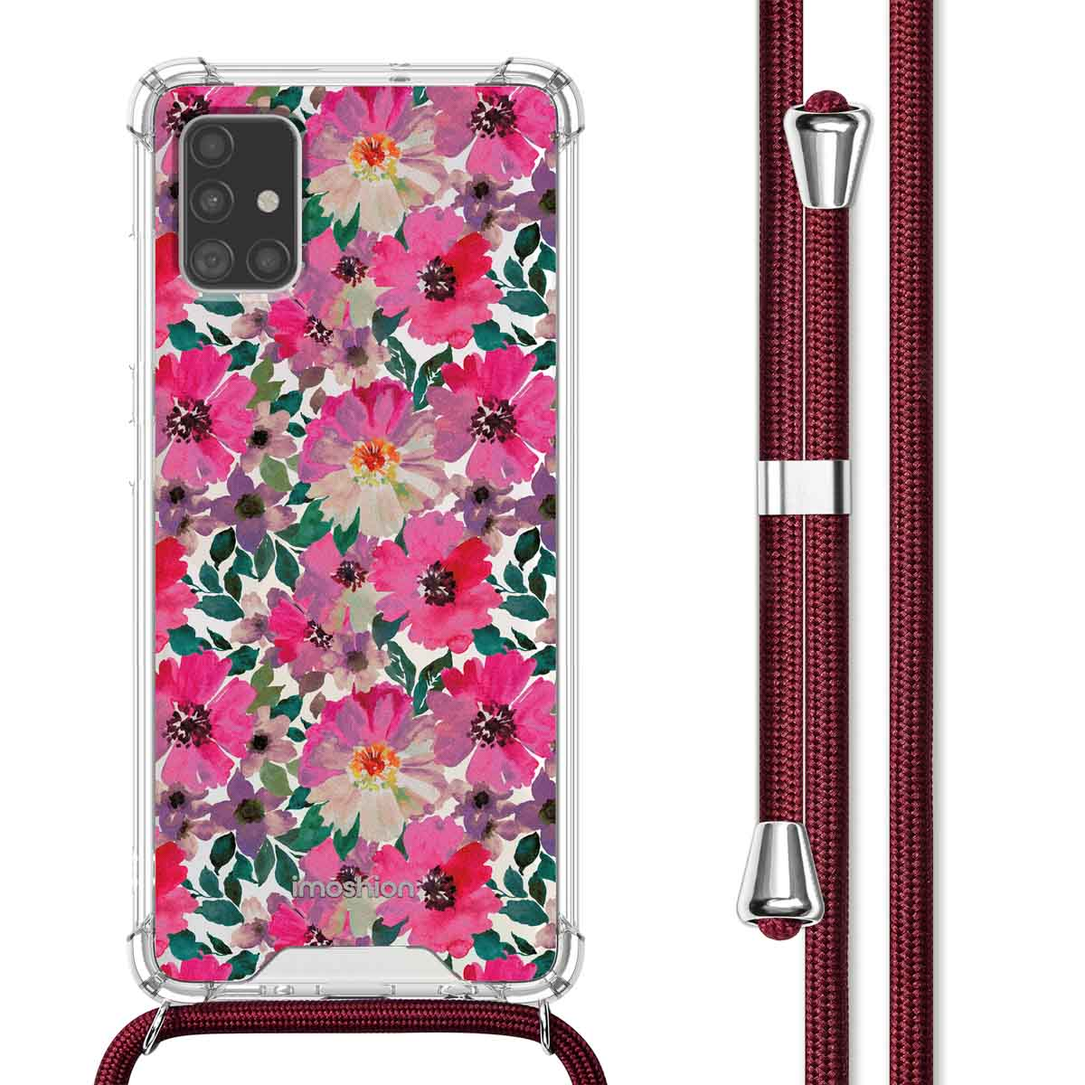 Custodia per telefono con design floreale e cordino rosso, che mostra una custodia per telefono con fiori e foglie.