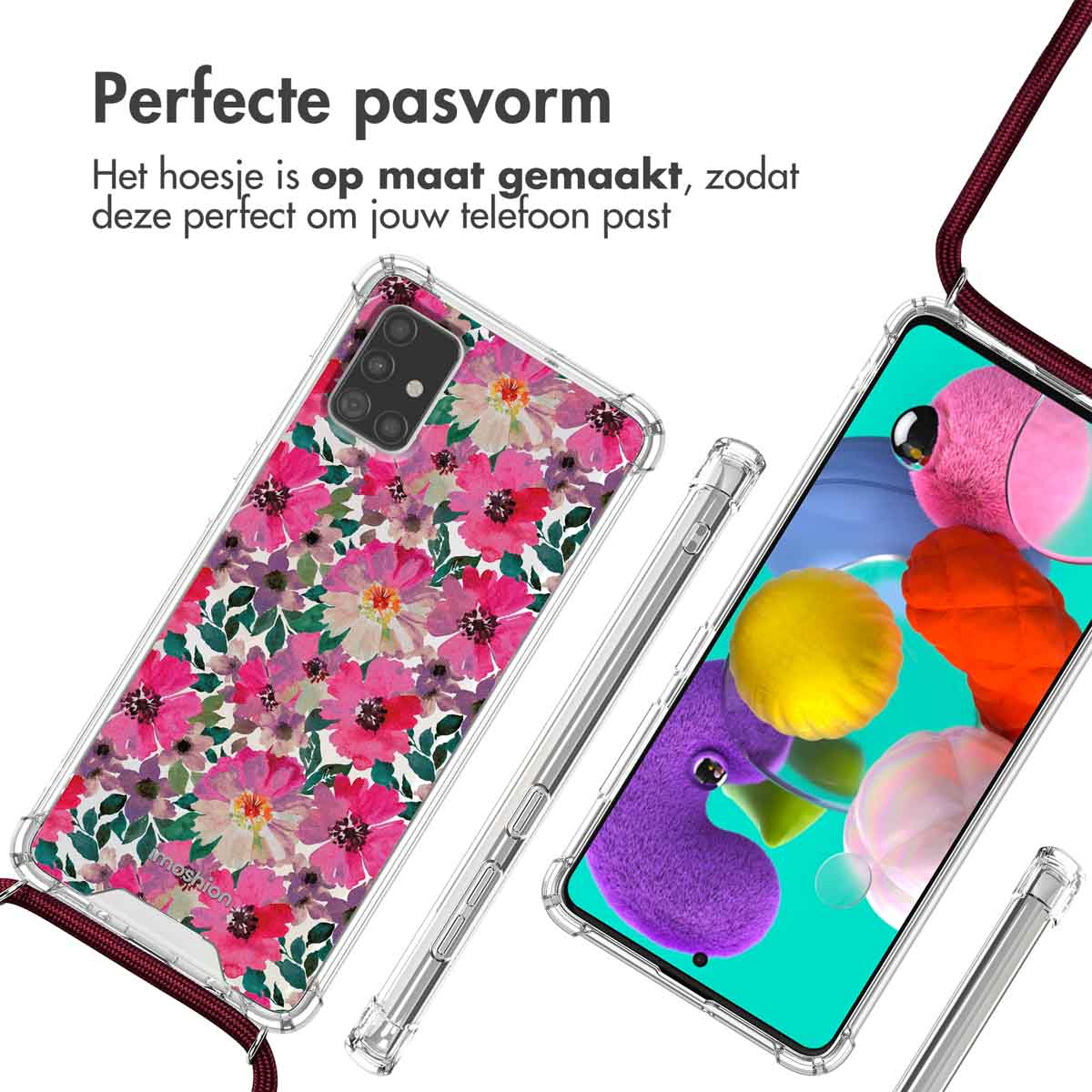 Due custodie per telefono con motivi floreali e un telefono. Una custodia ha un design floreale rosa. È attaccato un cordino rosa.