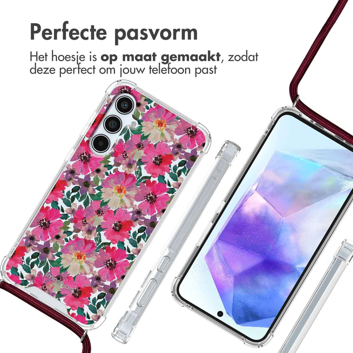 Coques de téléphone avec motifs floraux et un cordon. Les coques transparentes montrent un motif de fleurs roses. Le fond est blanc.