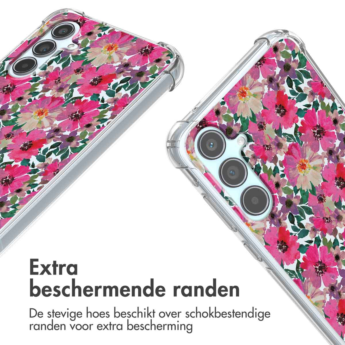 Coques de téléphone avec motifs floraux. Bords protecteurs transparents. Fleurs roses et blanches.