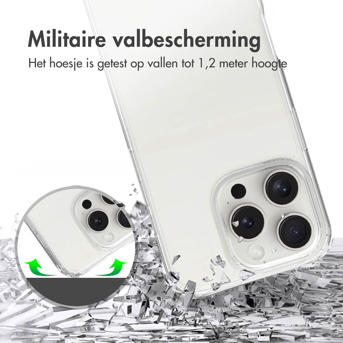 Coque de téléphone et verre brisé. Texte : Protection contre les chutes militaire.
