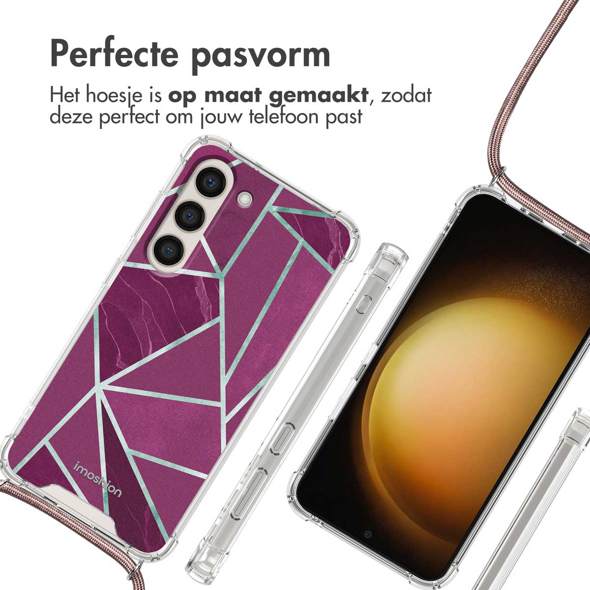 Telefoonhoesje met paars marmerontwerp. Telefoon, hoesje en koord zichtbaar.