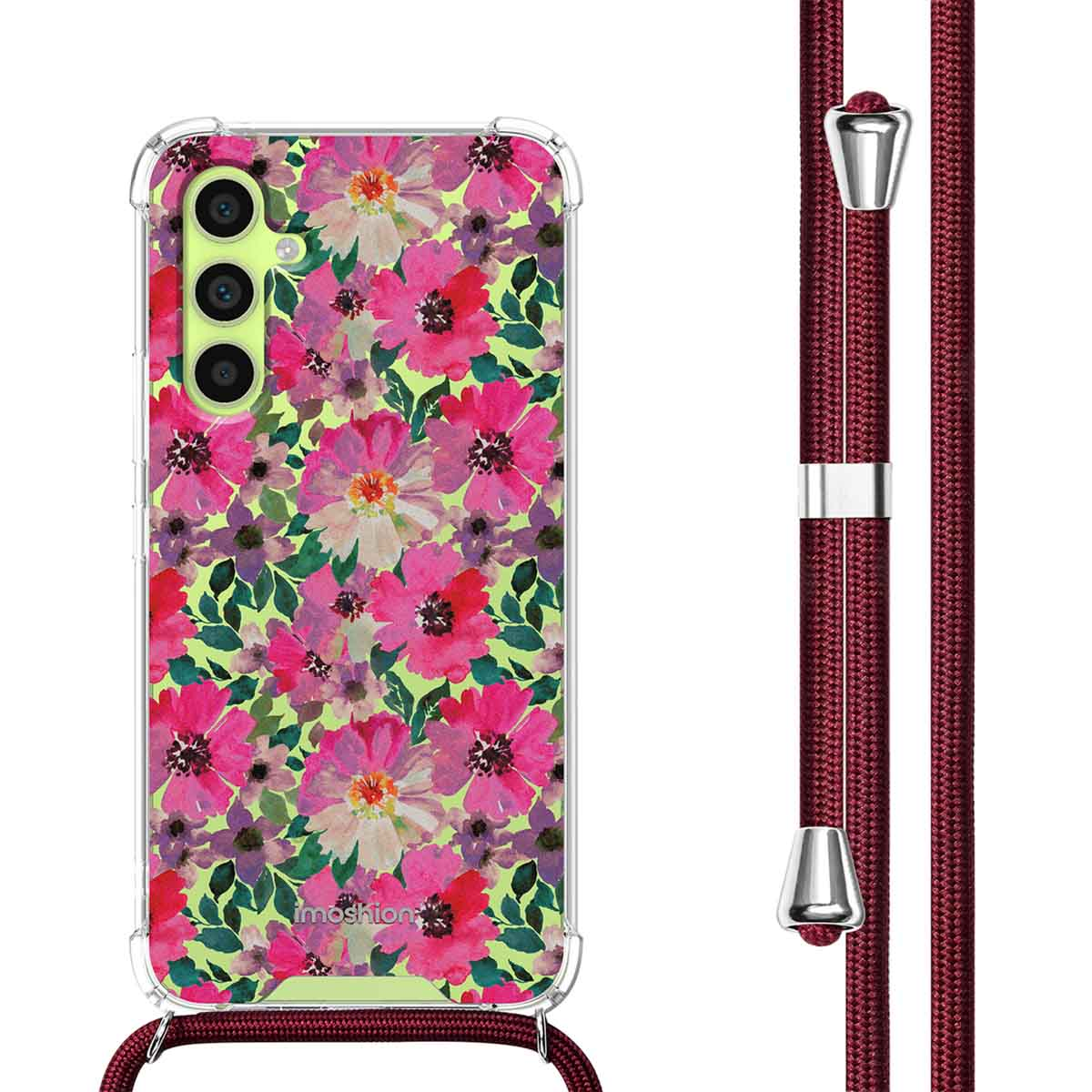 Telefoonhoesje met roze bloemenpatroon en koord. Bloemendesign is zichtbaar. De achtergrond is groen.