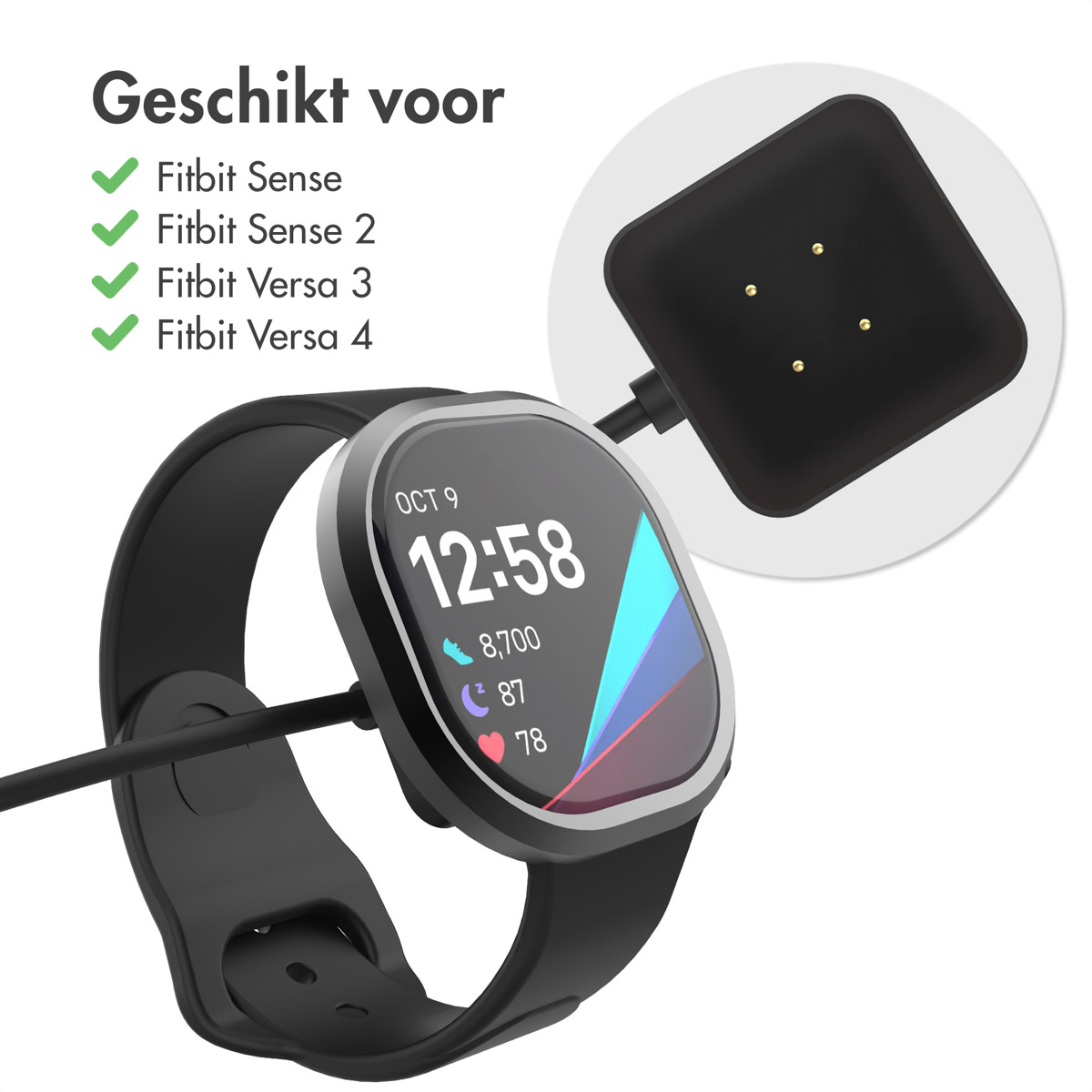 Smartwatch noire avec un chargeur, compatible avec les modèles Fitbit. La montre affiche l'heure.