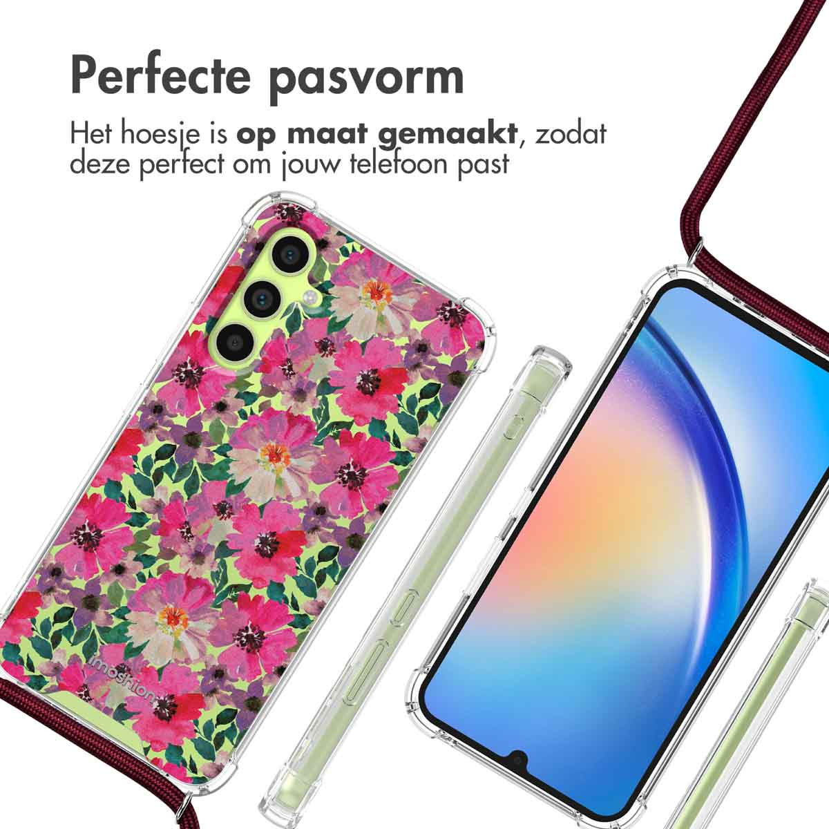 Telefoonhoesje met roze bloemenpatroon en een koord.