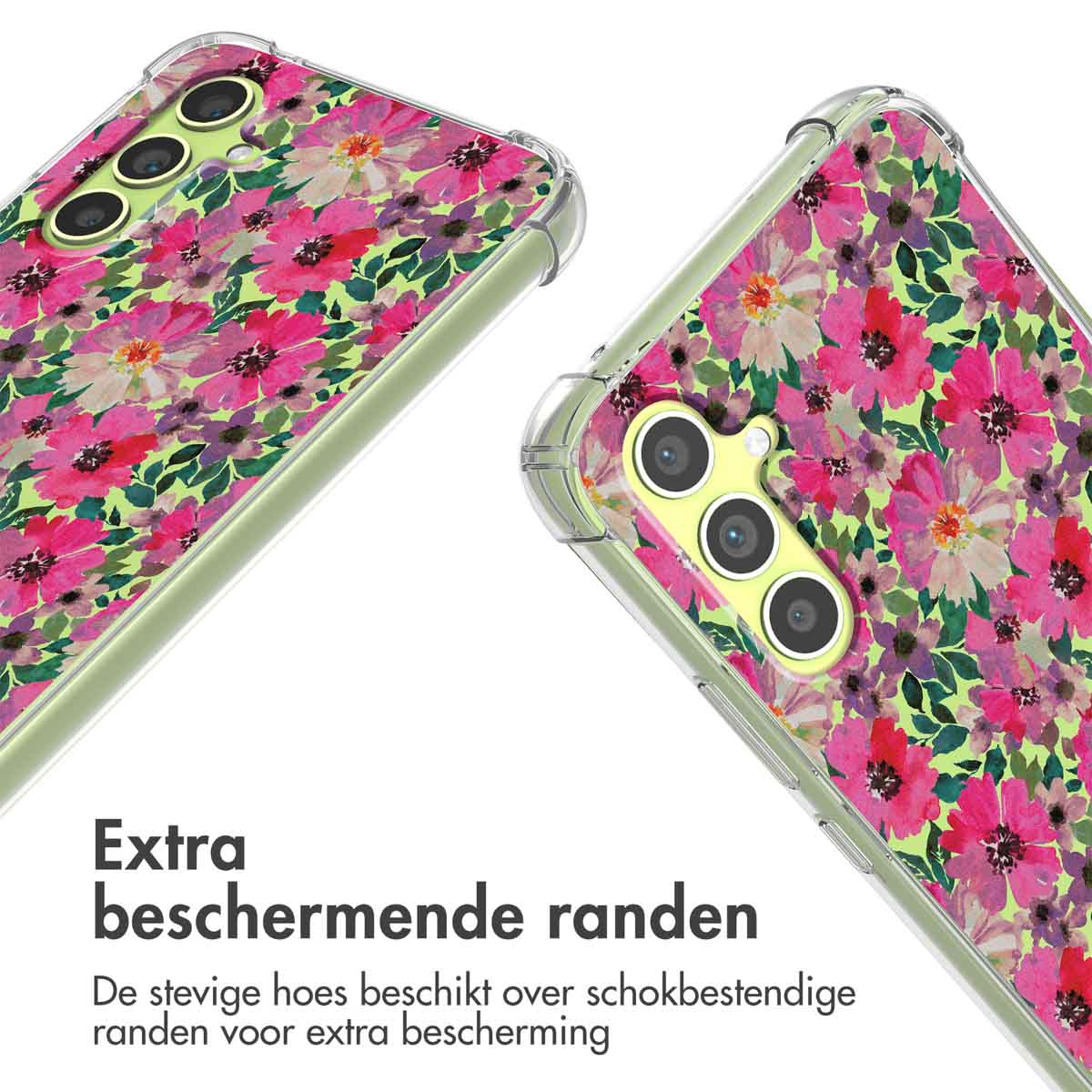Twee telefoonhoesjes met roze bloemenpatroon, één gedeeltelijk zichtbaar met beschermende randen.